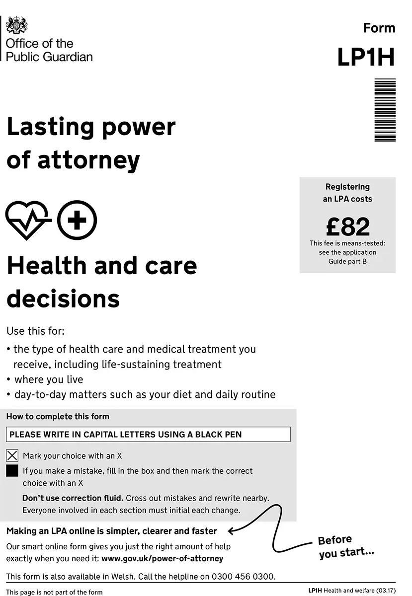 Lasting Power of Attorney – Heath and care decisions (LP1H)