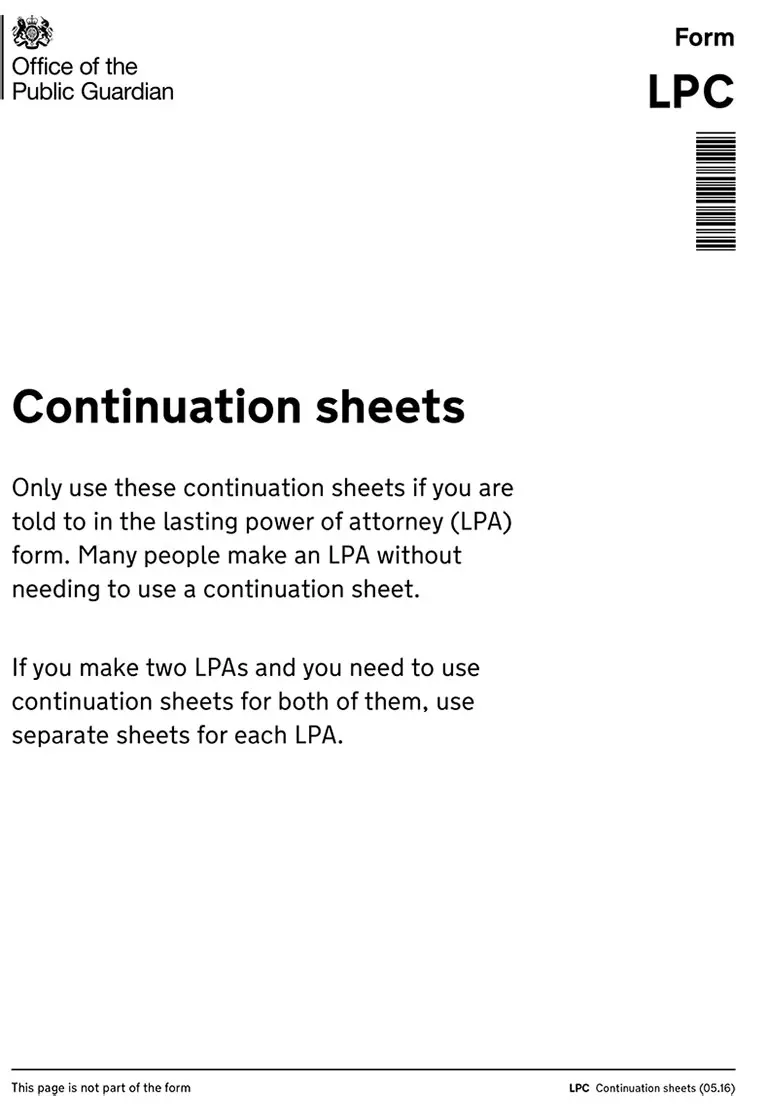 LPC Continuation sheets