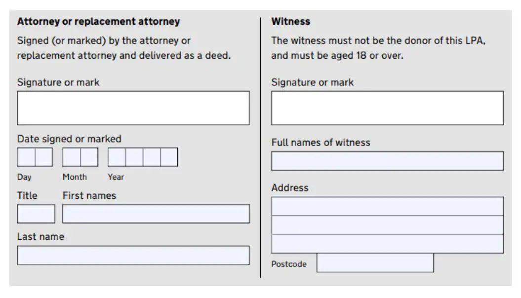 LPA form - attorney and witness